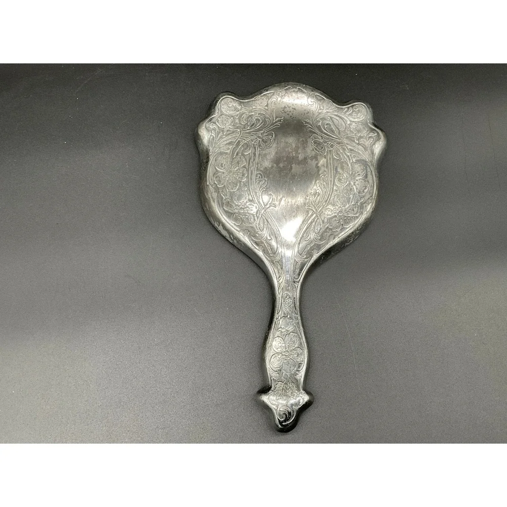 Antique Derby‎ Silver Co Hand Mirror Floral Repousse Silverplate Vanity Decor